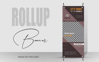 Explore and travel the world with a rollup banner design template. Travel Agency Poll-Up Banner. Roll-Up Banner Stand Template Design. vector