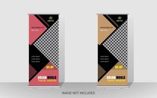 Explore and travel the world with a rollup banner design template. Travel Agency Poll-Up Banner. Roll-Up Banner Stand Template Design. vector