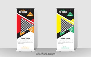 Explore and travel the world with a rollup banner design template. Travel Agency Poll-Up Banner. Roll-Up Banner Stand Template Design. vector