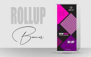 Explore and travel the world with a rollup banner design template. Travel Agency Poll-Up Banner. Roll-Up Banner Stand Template Design. vector