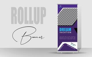 Explore and travel the world with a rollup banner design template. Travel Agency Poll-Up Banner. Roll-Up Banner Stand Template Design. vector