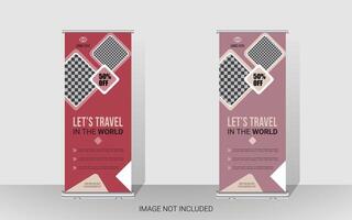 Explore and travel the world with a rollup banner design template. Travel Agency Poll-Up Banner. Roll-Up Banner Stand Template Design. vector