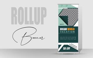 Explore and travel the world with a rollup banner design template. Travel Agency Poll-Up Banner. Roll-Up Banner Stand Template Design. vector