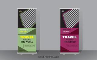 Explore and travel the world with a rollup banner design template. Travel Agency Poll-Up Banner. Roll-Up Banner Stand Template Design. vector