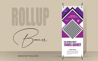 Explore and travel the world with a rollup banner design template. Travel Agency Poll-Up Banner. Roll-Up Banner Stand Template Design. vector