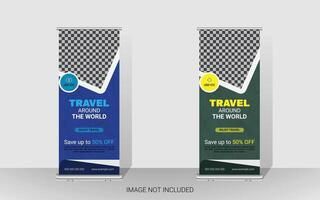 Explore and travel the world with a rollup banner design template. Travel Agency Poll-Up Banner. Roll-Up Banner Stand Template Design. vector