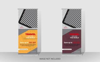 Explore and travel the world with a rollup banner design template. Travel Agency Poll-Up Banner. Roll-Up Banner Stand Template Design. vector