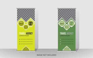 Explore and travel the world with a rollup banner design template. Travel Agency Poll-Up Banner. Roll-Up Banner Stand Template Design. vector