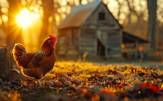 A chicken is standing in a field of leaves and eggs photo