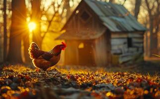 A chicken is standing in a field of leaves and grass photo