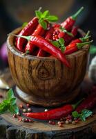 A bowl of red peppers and basil leaves photo