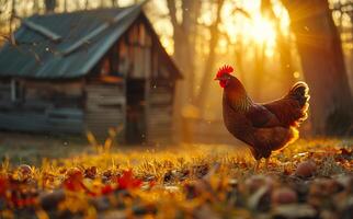 A chicken is standing in a field of autumn leaves photo