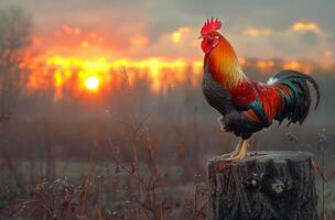 A rooster stands on a stump in a field with a sunset in the background photo