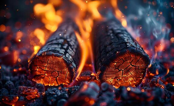 Two logs of wood are burning in a fire, with the flames reaching up to the sky photo