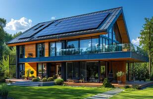 A large house with a lot of windows and a solar panel on the roof photo