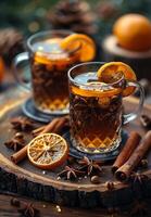 dos lentes de té con naranja rebanadas y canela en un de madera mesa foto