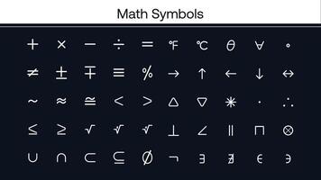 Mathematical symbols, math symbols, plus, minus, division, set, union, intersection, percent, greater than, less than, angle, square root, cube root, subset, equals, equals to, theta vector