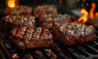 A close up of a grill with five pieces of meat on it photo