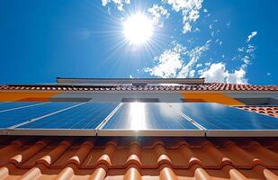 A roof with solar panels on it and the sun shining on it photo
