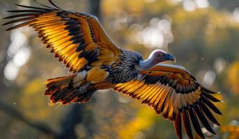 Griffon vulture spreads its wings while flying in the forest photo