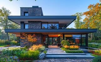 Modern house with beautiful garden in autumn photo