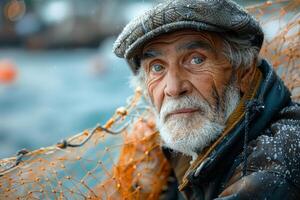 Old fisherman with white beard and hat sitting in the boat and fishing net waiting for catch photo