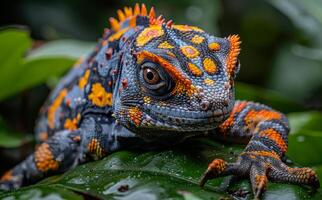 Colorful lizard sits on leaf in the jungle photo