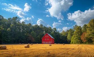 Red barn and hay bales in field with trees and blue sky in the background. photo