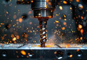 A drill bit is spinning and creating sparks photo