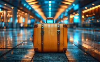 A suitcase is sitting on the floor in a dimly lit room photo