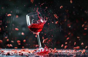 A glass of red wine is spilled on a table, with red crumbs scattered around it photo