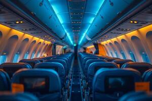 The inside of an airplane is lit up with blue lights photo