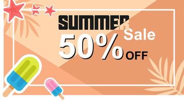 Creative summer sale banner in trendy bright colors with tropical leaves and discount text vector