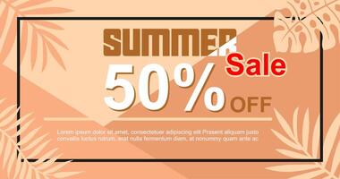 Creative summer sale banner in trendy bright colors with tropical leaves and discount text vector