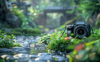 Camera is placed on the rock in the garden photo
