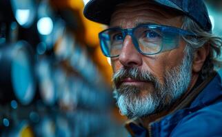 Close up of mature man working in factory. photo