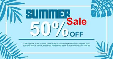 Creative summer sale banner in trendy bright colors with tropical leaves and discount text vector