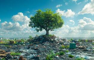 Tree grows on pile of garbage against the sky and clouds photo