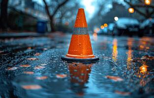 Orange traffic cone and traffic lights on wet road after rain in the evening photo