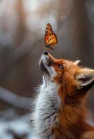 Red fox and butterfly in the forest. A animal in nature playing with a butterfly on its nose photo