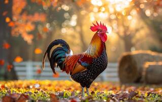 Rooster walking on the grass with hay bale and colorful leaves in the morning photo