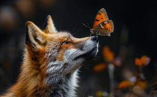 The red fox sniffs butterfly. A animal in nature playing with a butterfly on its nose and howling photo