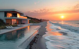 Modern house by the sea at sunset photo