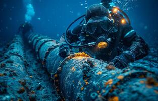 SCUBA diver makes stop while working on large metal pipe underwater photo