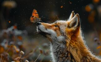 The red fox looks at butterfly. A animal in nature playing with a butterfly on its nose photo
