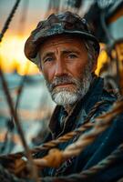 Portrait of fisherman with beard and cap on the background of the sea and sunset photo