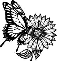 negro y blanco flor con mariposa aislado en blanco antecedentes vector