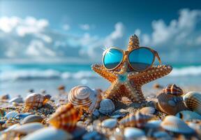 Starfish in sunglasses on the summer beach. Concept of summer vacation and travel photo