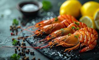 Fresh boiled shrimps on black stone plate with lemon salt and pepper photo
