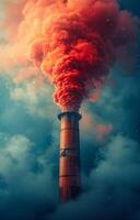 Large smokestack emits large amount of red smoke into the atmosphere. photo